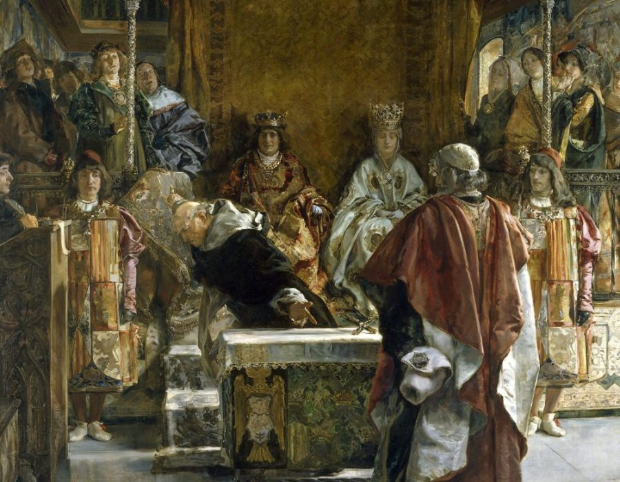 Grootinquisiteur Tomás de Torquemada biedt de ‘katholieke koningen’ Fernando en Isabel het verdrijvingsedict van de Joden aan ter ondertekening. Schilderij van Emilio Sala Francés (1850-1910)