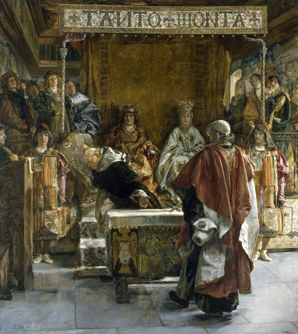 Grootinquisiteur Tomás de Torquemada biedt de ‘katholieke koningen’ Fernando en Isabel het verdrijvingsedict van de Joden aan ter ondertekening. Schilderij van Emilio Sala Francés (1850-1910)