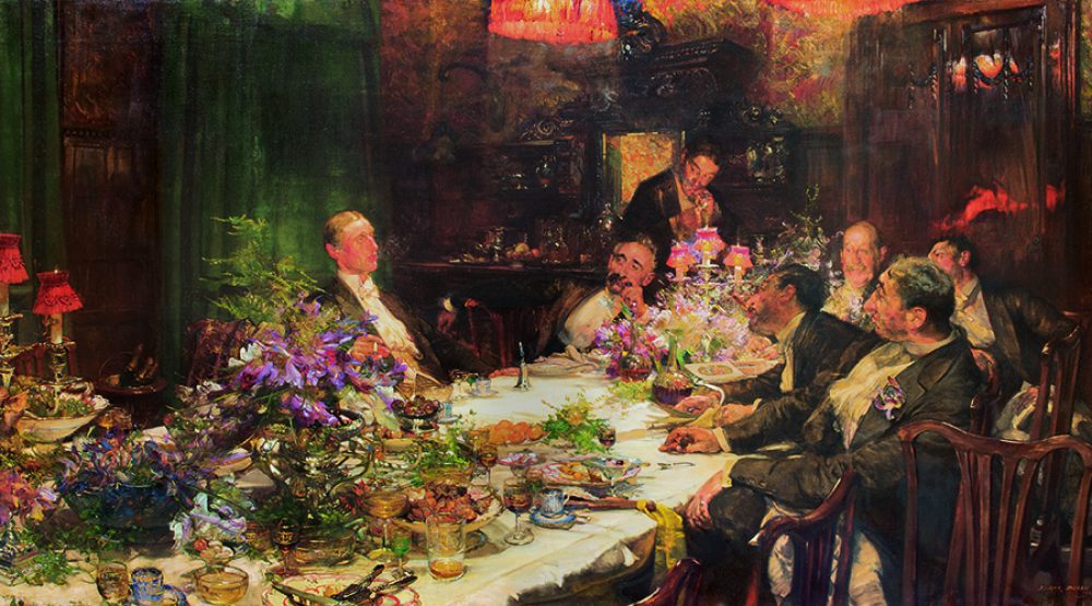 Edgar Bundy, 'Tijd voor geldzaken', 1913. Het doek werd aangekocht door kunsthandel Simonis & Buunk in Ede voor een cliënt