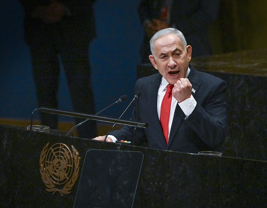 Netanyahu spreekt de VN toe in New York op 24 september 2026. Foto: Arie Leib brams/Flash90