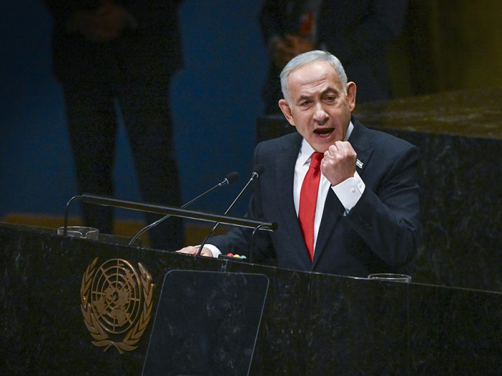 Netanyahu spreekt de VN toe in New York op 24 september 2026. Foto: Arie Leib brams/Flash90