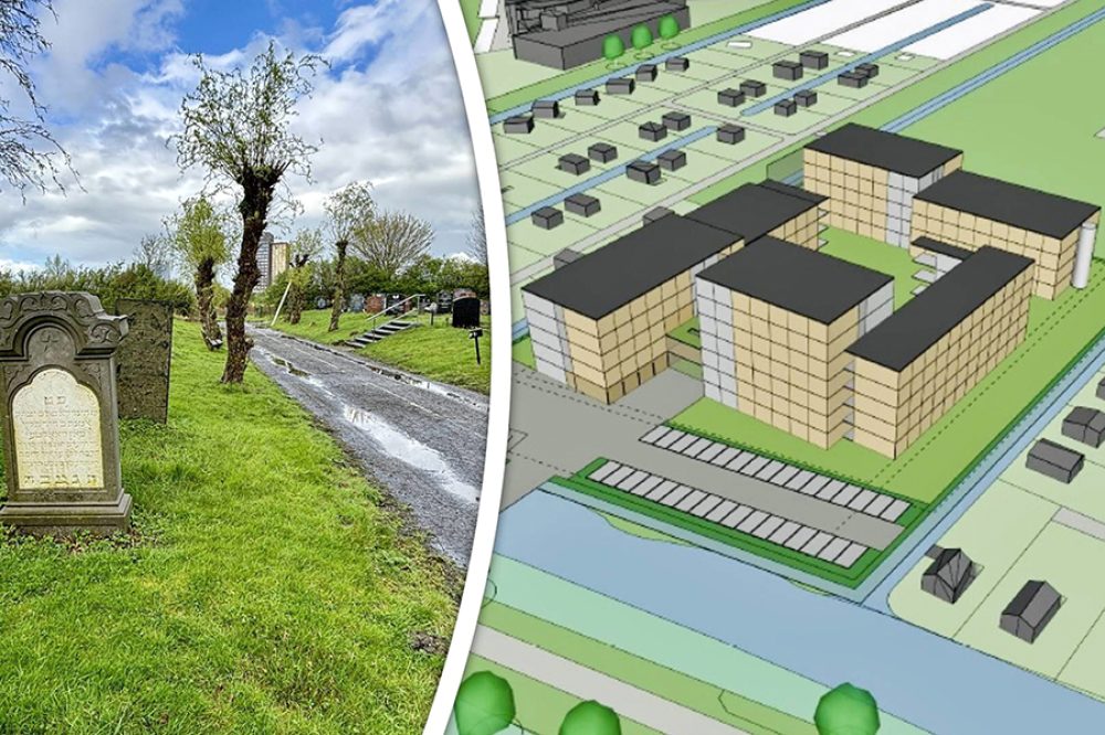 Begraafplaats Toepad in Rotterdam en een impressie van de geplande studentenwoningen