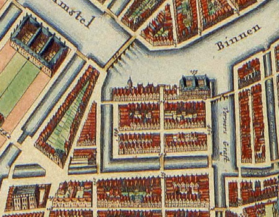 Vlooienburg, 1688, met linksonder de Esnoga