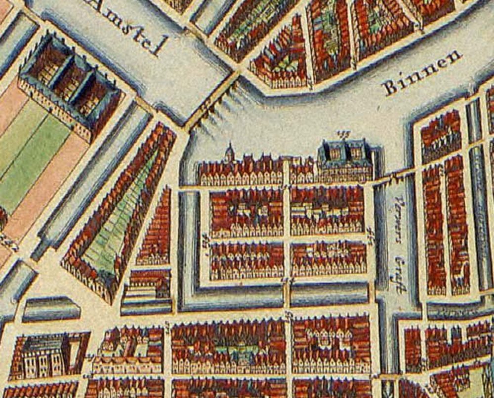 Vlooienburg, 1688, met linksonder de Esnoga