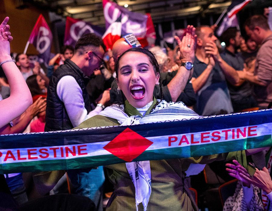 A woman with a Palestinian flag in reference to the war between Israel and Hamas in Gaza in Palestine during a campaign meeting for the European elect